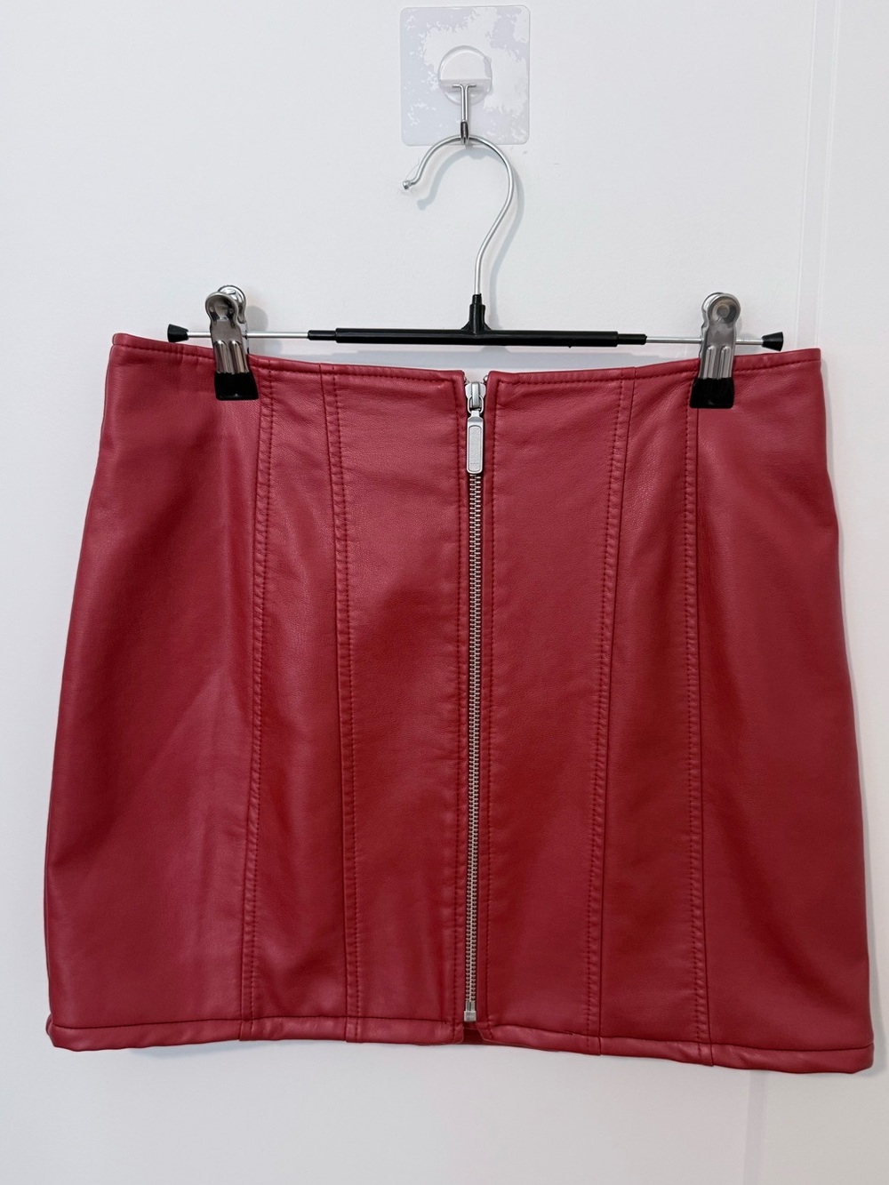 Free People Faux Leather Red Front-Zip Mini Skirt NWT